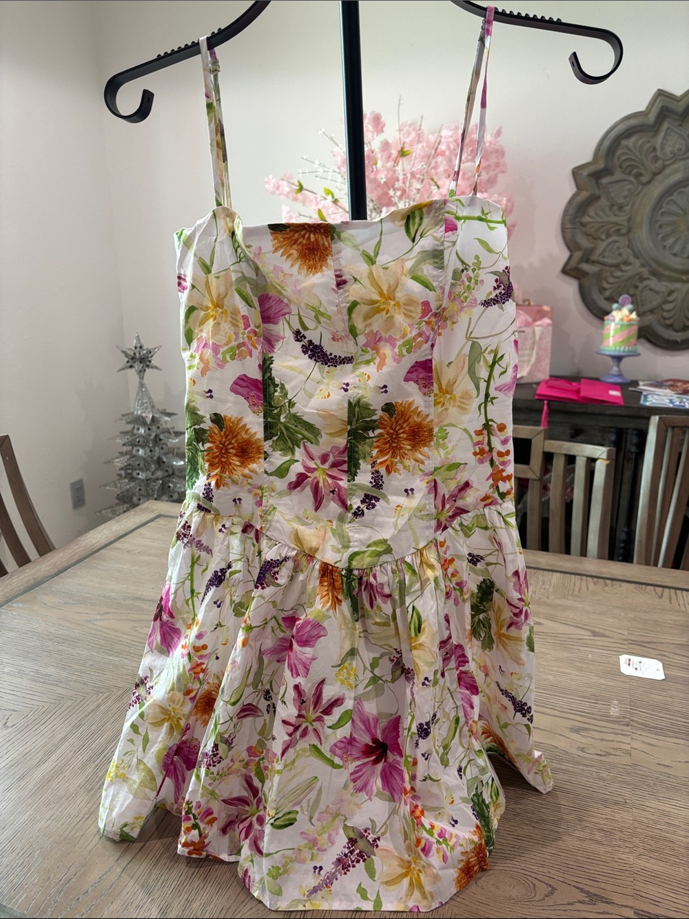 H&M White Floral Sundress with Pink, Yellow & Green Print